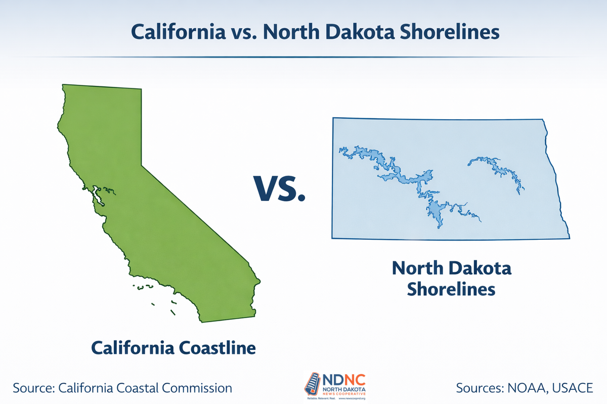 Does North Dakota’s Lake Sakakawea give the state more 'shoreline' than California?